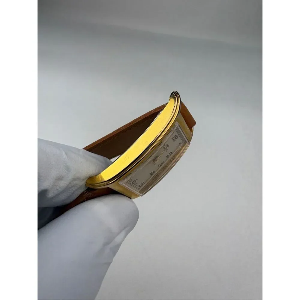 VTG USN Classic Quartz Watch Gold Tone Curved Long Rectangle Genuine Leather EM2